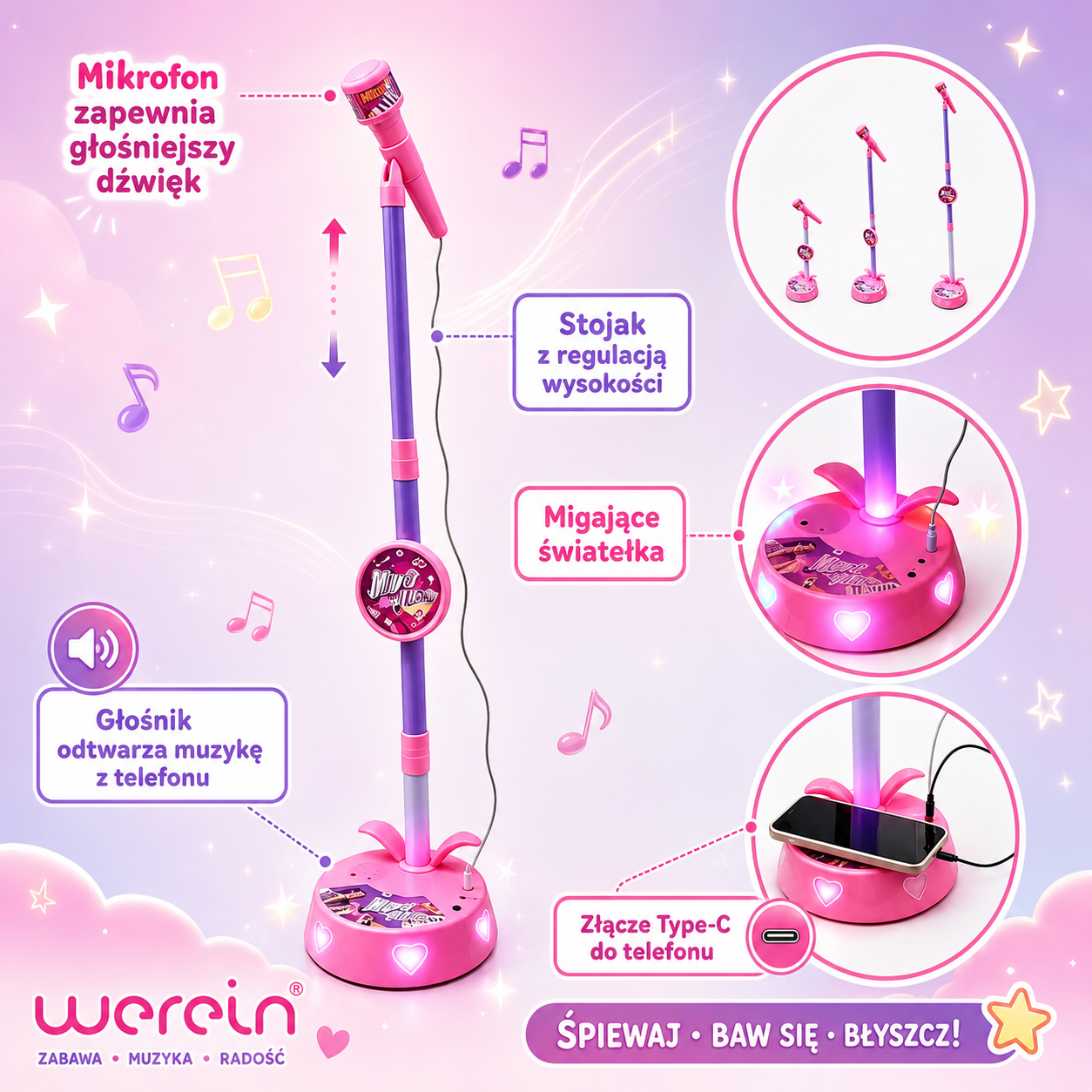 Mikrofon karaoke dla dzieci ze statywem. Muzyka i kolorowe światła