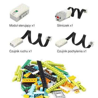 Elementy elektroniczne zestawu STEM: moduł sterujący, silniczek, czujniki