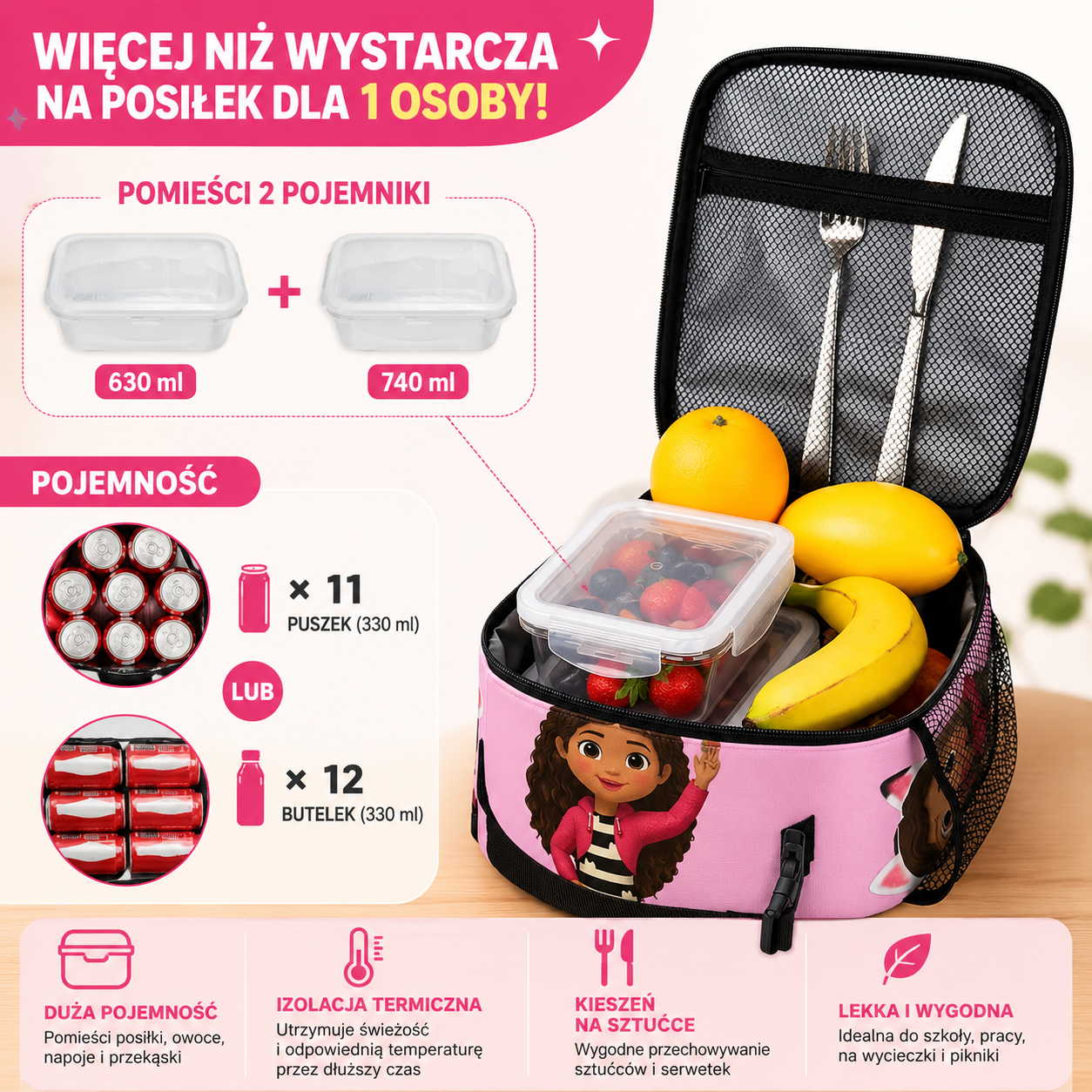 Torba termiczna na lunch - różowa
